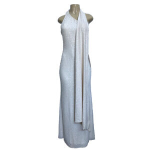 Mark Zunino One Shoulder Gown Maxi Dress Beaded Sleeveless Sheath Sequin…